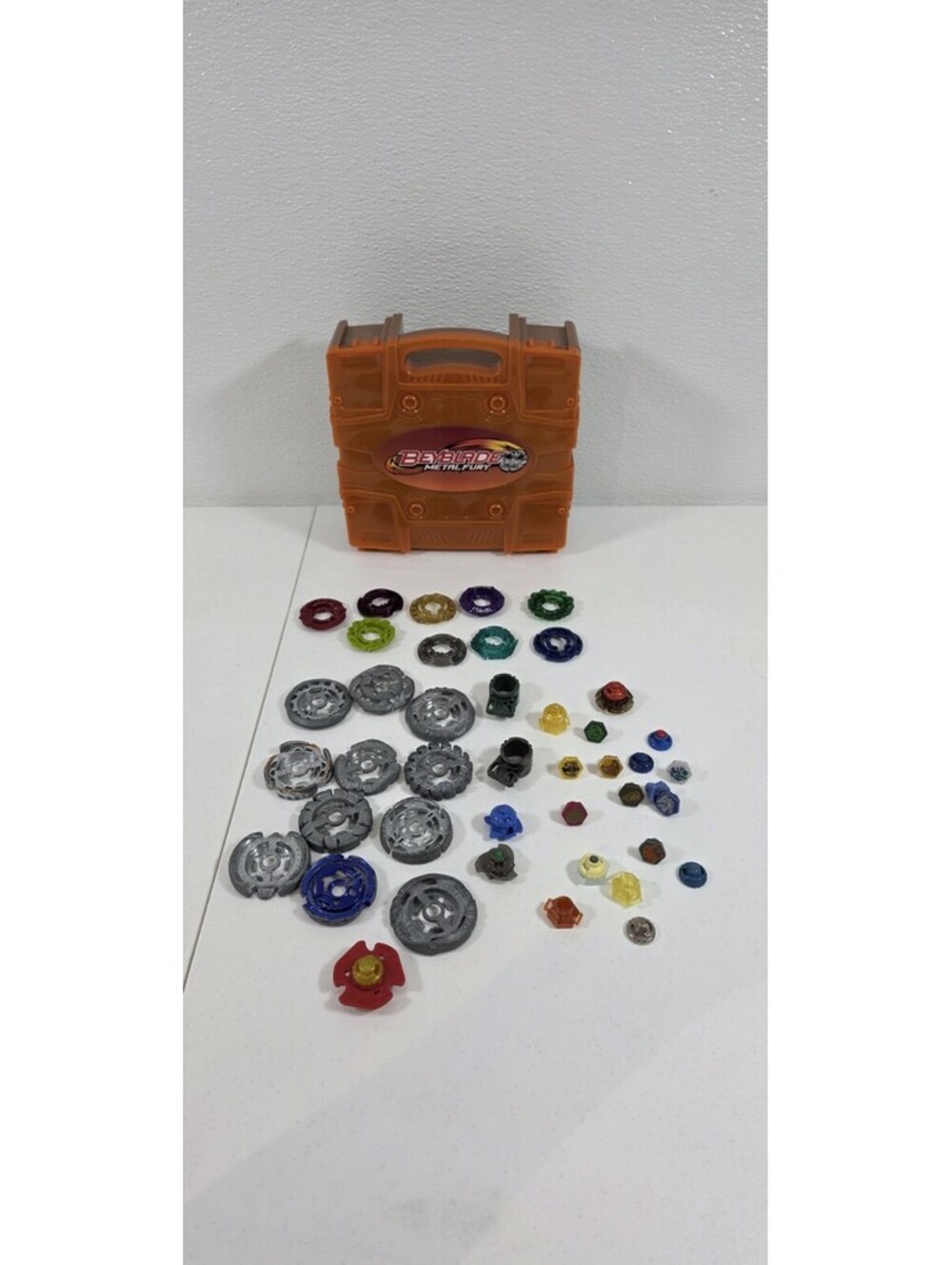 Beyblade Metal Fury Orange Carrying Case Lot Metal Wheels Energy Rings Parts